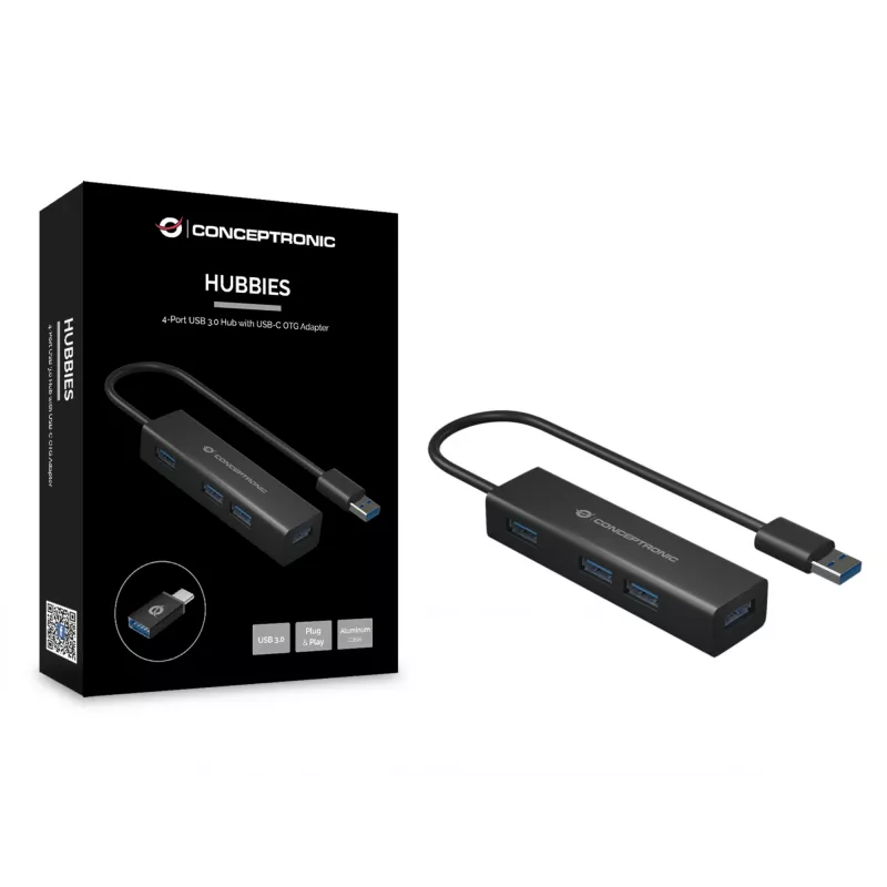 Conceptronic hub de aluminio USB 3.0 de 4 puertos con adaptador USB-C a USB-A