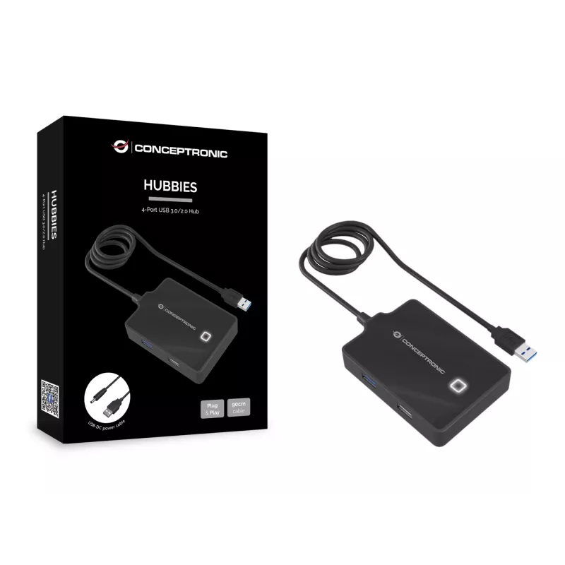 Conceptronic HUBBIES hub USB 3.0/2.0 de 4 puertos, cable de 90 cm, USB 3.2 Gen 1 (3.1 Gen 1) Type-A, negro, USB 2.0, USB 3.2 Gen 1 (3.1 Gen 1) Type-A, China, 87 mm, 55 mm