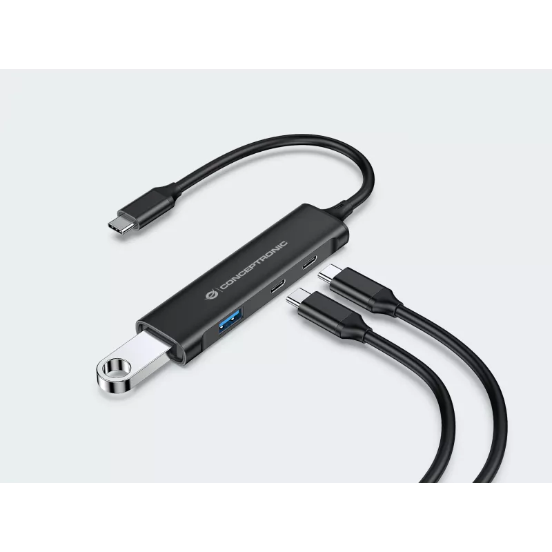 Conceptronic HUBBIES hub USB 3.0 de 4 puertos, 2 conectores USB-C y 2 USB-A, carcasa de aluminio, conector macho USB-C