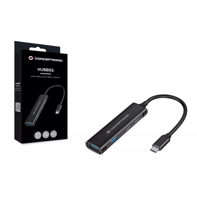 Conceptronic HUBBIES hub USB 3.0 de 4 puertos, 2 conectores USB-C y 2 USB-A, carcasa de aluminio, conector macho USB-C
