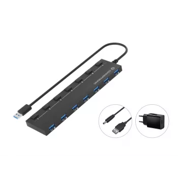 Conceptronic HUBBIES19BP hub USB 3.0 de 7 puertos con fuente de alimentación, cable de 90 cm, interruptor individual, USB 3.2 Gen 1