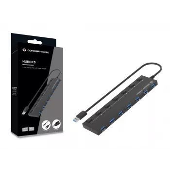 Conceptronic HUBBIES19BP hub USB 3.0 de 7 puertos con fuente de alimentación, cable de 90 cm, interruptor individual, USB 3.2 Gen 1