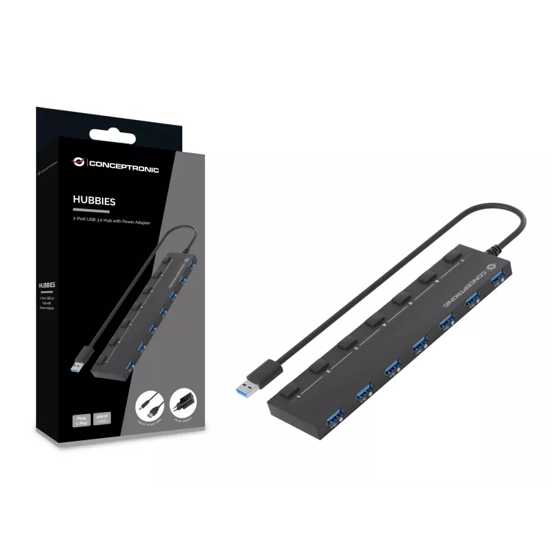 Conceptronic HUBBIES19BP hub USB 3.0 de 7 puertos con fuente de alimentación, cable de 90 cm, interruptor individual, USB 3.2 Gen 1