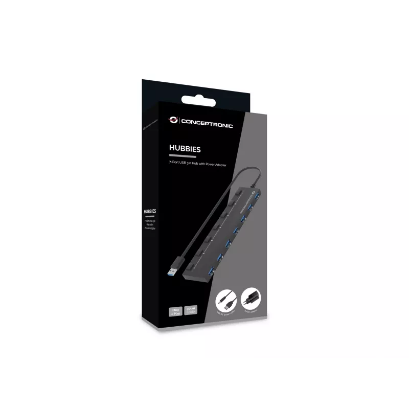 Conceptronic HUBBIES19BP hub USB 3.0 de 7 puertos con fuente de alimentación, cable de 90 cm, interruptor individual, USB 3.2 Gen 1