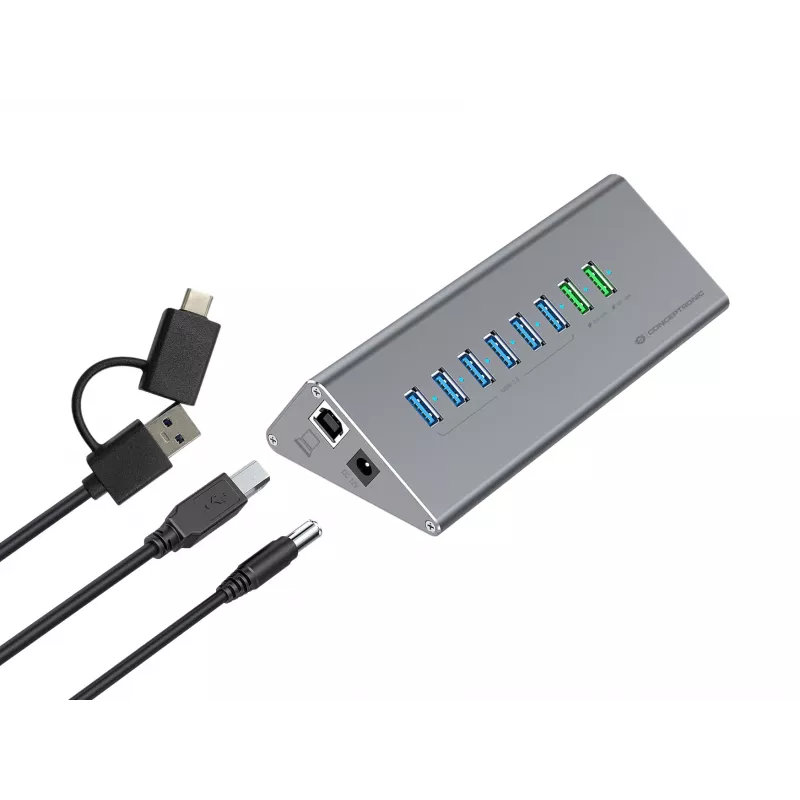Conceptronic HUBBIES18G combinación de hub y cargador USB 3.0 10 en 1 60W, cable 2 en 1 USB-C-USB-A, USB 3.2 Gen 1