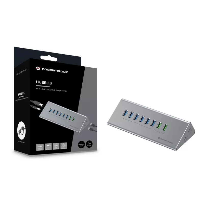 Conceptronic HUBBIES18G combinación de hub y cargador USB 3.0 10 en 1 60W, cable 2 en 1 USB-C-USB-A, USB 3.2 Gen 1