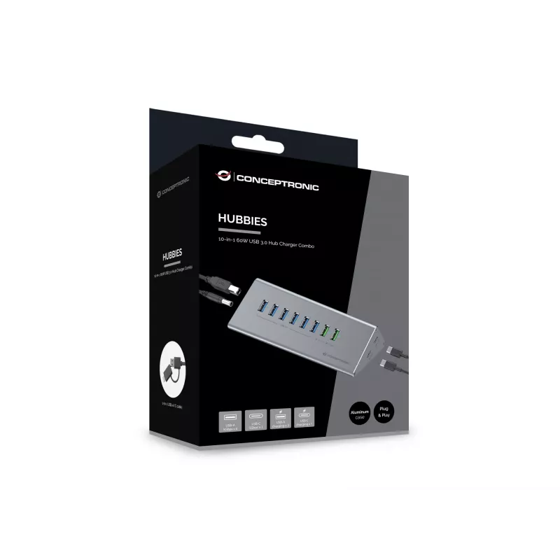 Conceptronic HUBBIES18G combinación de hub y cargador USB 3.0 10 en 1 60W, cable 2 en 1 USB-C-USB-A, USB 3.2 Gen 1