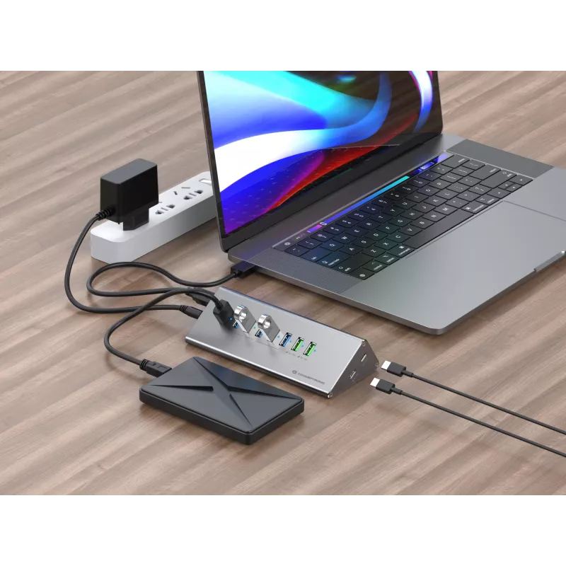 Conceptronic HUBBIES18G combinación de hub y cargador USB 3.0 10 en 1 60W, cable 2 en 1 USB-C-USB-A, USB 3.2 Gen 1