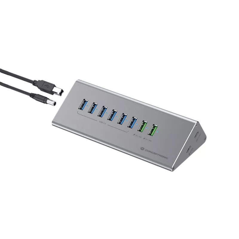 Conceptronic HUBBIES18G combinación de hub y cargador USB 3.0 10 en 1 60W, cable 2 en 1 USB-C-USB-A, USB 3.2 Gen 1
