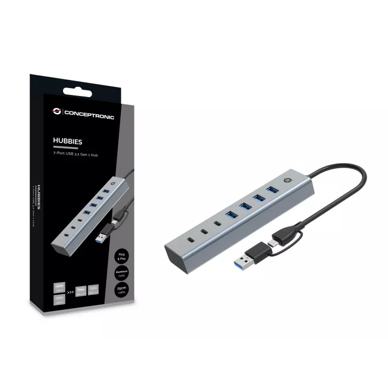 Conceptronic HUBBIES20G hub USB 3.0 de 7 puertos, 5 Gbit/s, USB-C x 3, USB-A x 4
