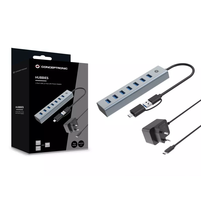 Conceptronic HUBBIES21GP hub USB 3.0 de 7 puertos con fuente de alimentación, 5 Gbit/s, USB-A x 7