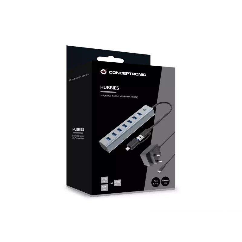 Conceptronic HUBBIES21GP hub USB 3.0 de 7 puertos con fuente de alimentación, 5 Gbit/s, USB-A x 7