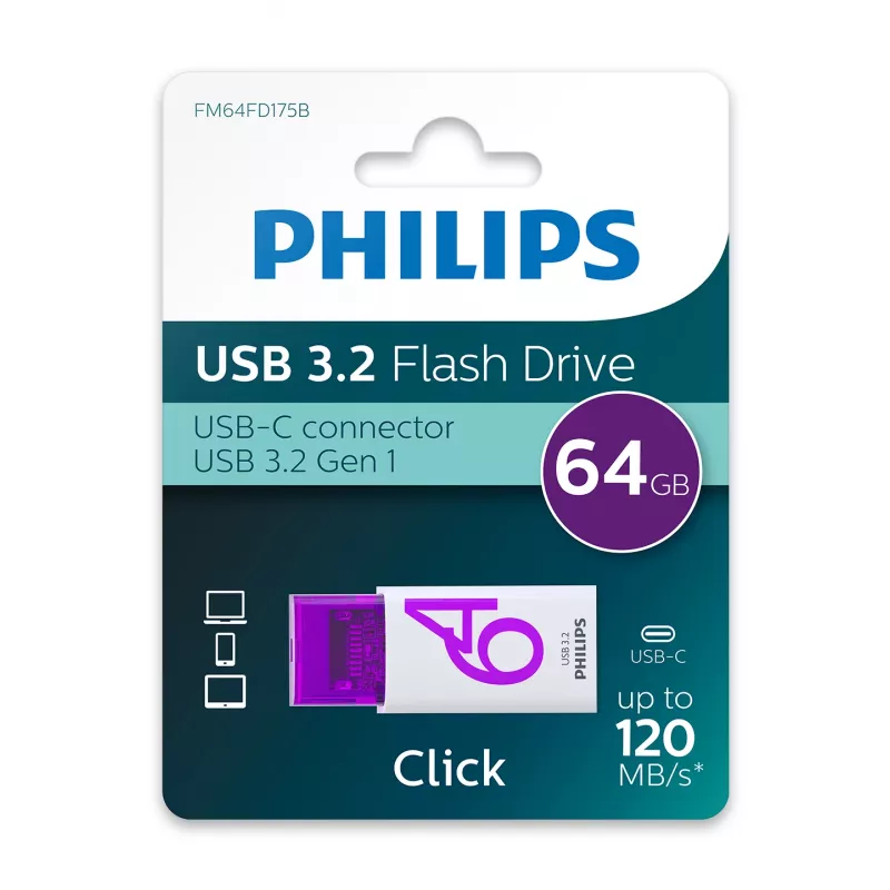 Philips Click Unidad flash USB 64 GB USB Type-C 3.2 Gen 1 (3.1 Gen 1) Violeta, Blanco