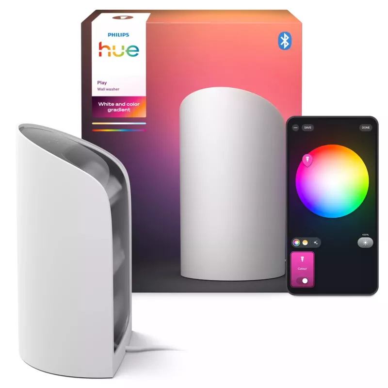 Lámpara de mesa inteligente Philips Hue Play Wall Washer — Blanco, Bluetooth/Zigbee, luz multicolor, 100–240 V, cable de 2 m