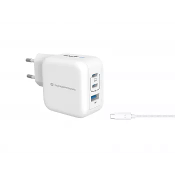 Cargador Conceptronic 3 puertos 67W GaN USB PD con cable de carga USB-C, USB-C x 2, USB-A x 1, QC 3.0, PPS