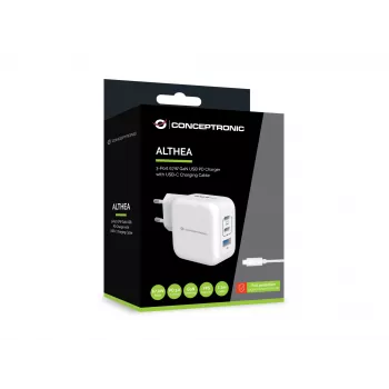 Cargador Conceptronic 3 puertos 67W GaN USB PD con cable de carga USB-C, USB-C x 2, USB-A x 1, QC 3.0, PPS