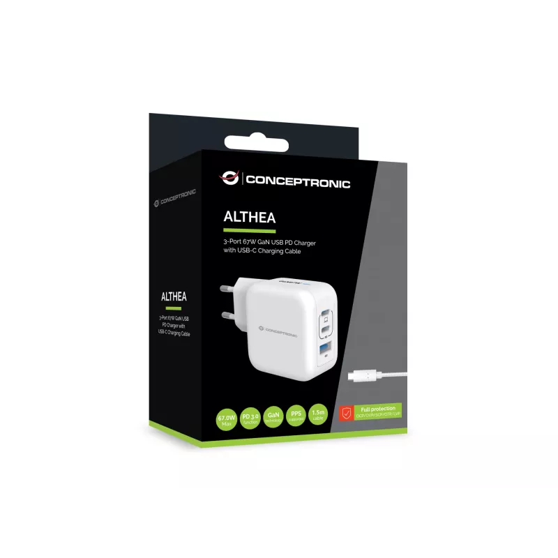 Cargador Conceptronic 3 puertos 67W GaN USB PD con cable de carga USB-C, USB-C x 2, USB-A x 1, QC 3.0, PPS