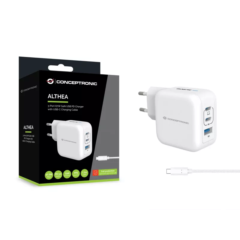 Cargador Conceptronic 3 puertos 67W GaN USB PD con cable de carga USB-C, USB-C x 2, USB-A x 1, QC 3.0, PPS