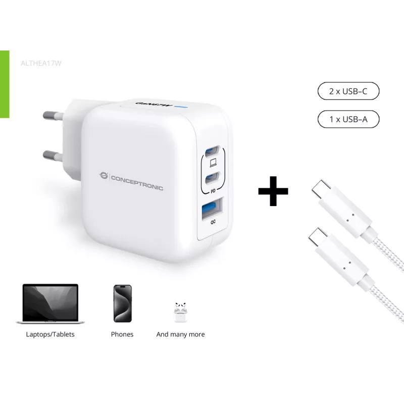 Cargador Conceptronic 3 puertos 67W GaN USB PD con cable de carga USB-C, USB-C x 2, USB-A x 1, QC 3.0, PPS