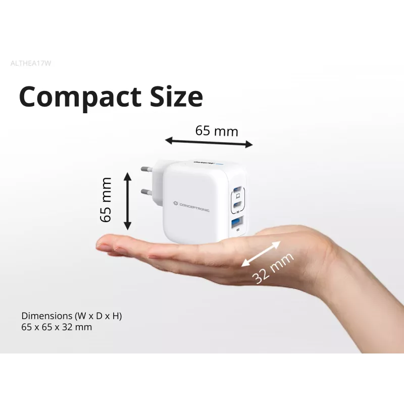 Cargador Conceptronic 3 puertos 67W GaN USB PD con cable de carga USB-C, USB-C x 2, USB-A x 1, QC 3.0, PPS