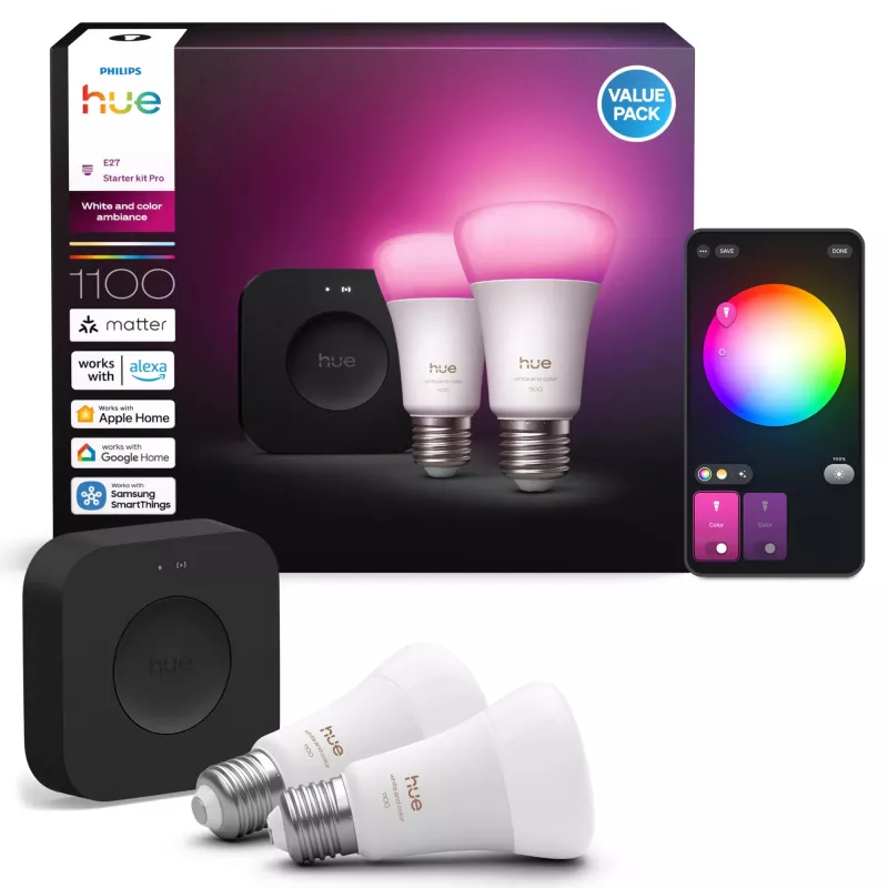 Philips Hue White and Colour Ambiance kit de inicio, Hue Bridge Pro + 2 bombillas LED E27 A60, Bluetooth/Zigbee, 1100 lm