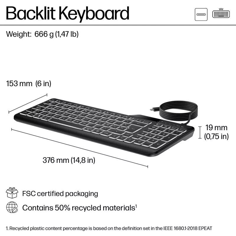 Teclado con retroiluminación HP 400 Tamaño completo USB Negro