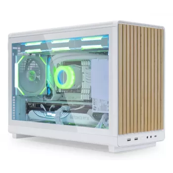 Caja PC Lian Li A3-mATX Micro Tower — Blanca con madera, compatible con fuentes ATX/SFX/SFX-L, Micro-ATX/Micro-ITX, 1x 3,5