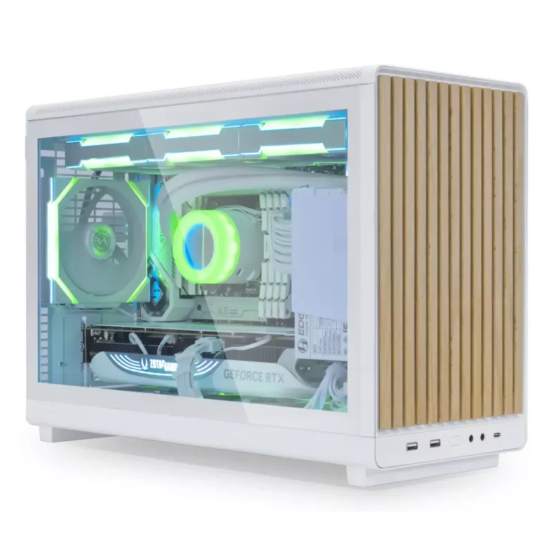 Caja PC Lian Li A3-mATX Micro Tower — Blanca con madera, compatible con fuentes ATX/SFX/SFX-L, Micro-ATX/Micro-ITX, 1x 3,5