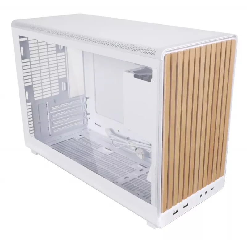 Caja PC Lian Li A3-mATX Micro Tower — Blanca con madera, compatible con fuentes ATX/SFX/SFX-L, Micro-ATX/Micro-ITX, 1x 3,5