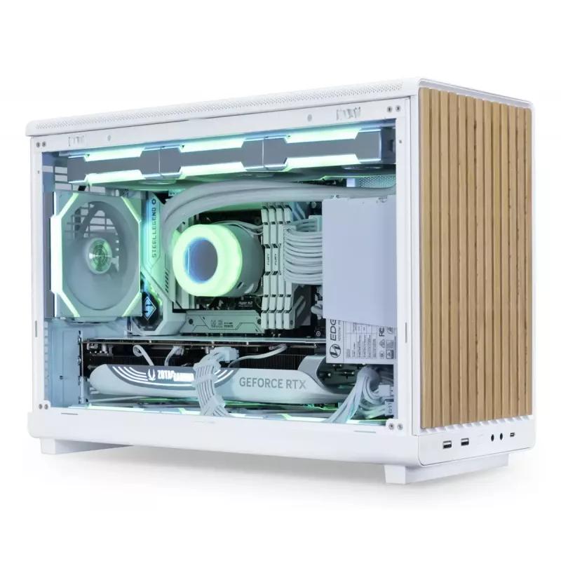 Caja PC Lian Li A3-mATX Micro Tower — Blanca con madera, compatible con fuentes ATX/SFX/SFX-L, Micro-ATX/Micro-ITX, 1x 3,5