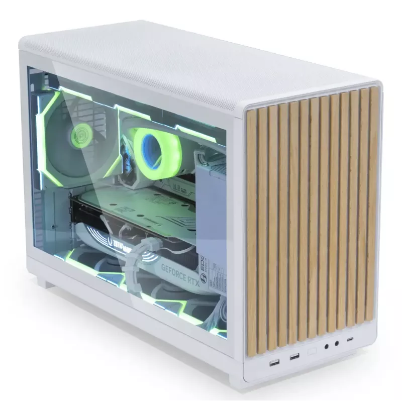 Caja PC Lian Li A3-mATX Micro Tower — Blanca con madera, compatible con fuentes ATX/SFX/SFX-L, Micro-ATX/Micro-ITX, 1x 3,5