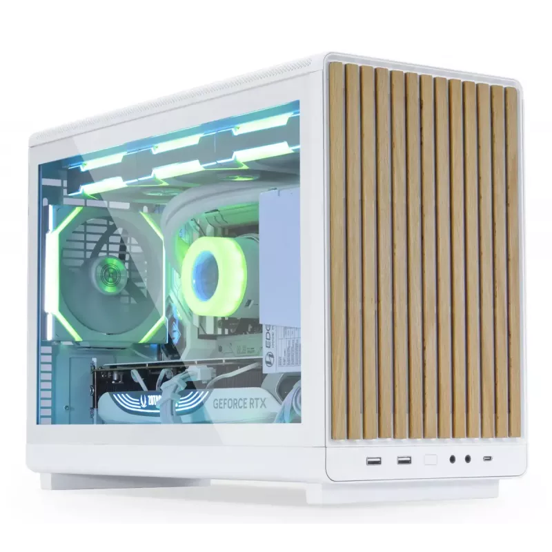 Caja PC Lian Li A3-mATX Micro Tower — Blanca con madera, compatible con fuentes ATX/SFX/SFX-L, Micro-ATX/Micro-ITX, 1x 3,5