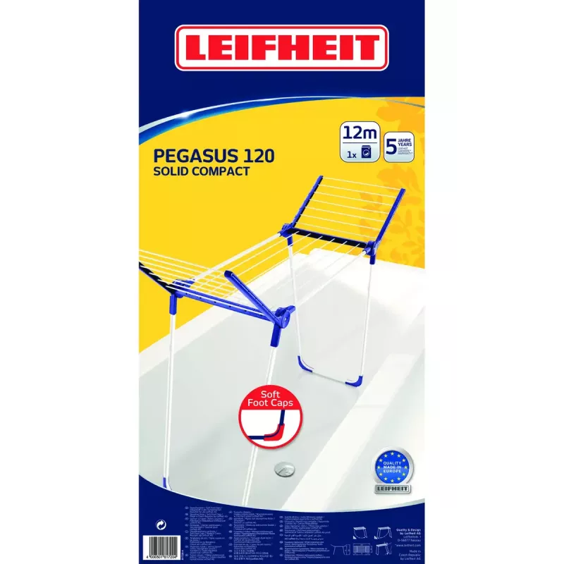 Leifheit Pegasus 120 Solid Compact 81720 tendedero de suelo plegable, 12 m de longitud de tendido, 76 x 149 x 43 cm, azul/blanco