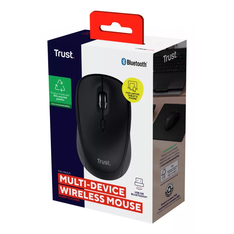 Ratón Trust Yvi+ universal ambidiestro RF Wireless + Bluetooth óptico 1600 DPI