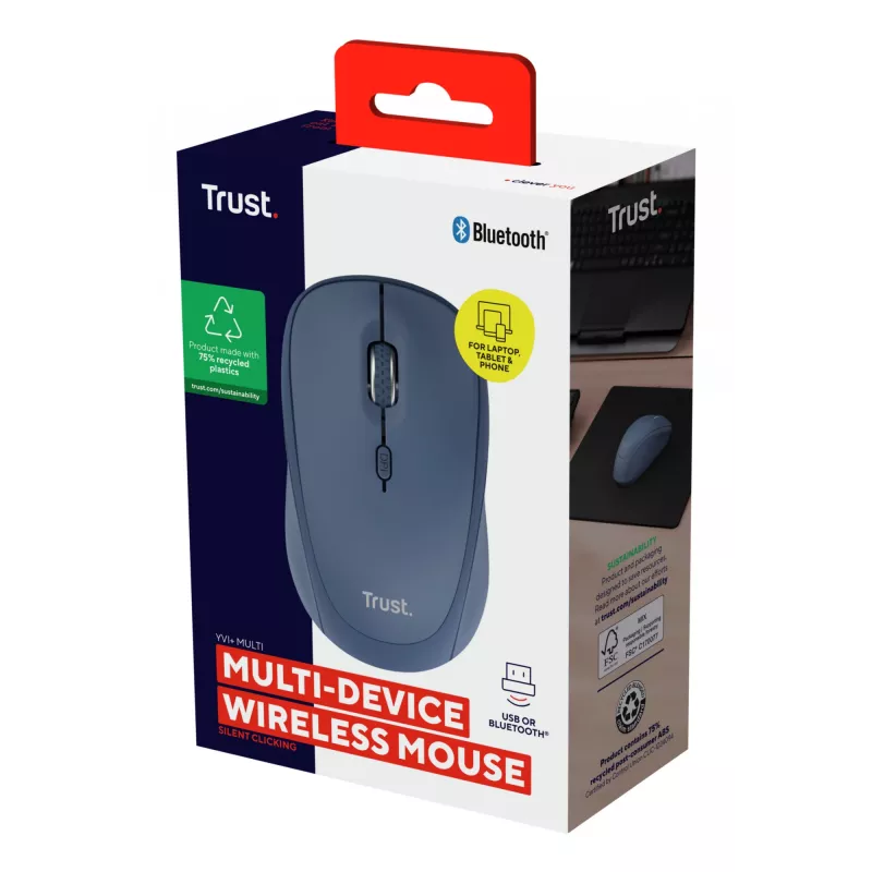 Ratón Trust Yvi+ universal ambidiestro RF Wireless + Bluetooth óptico 1600 DPI