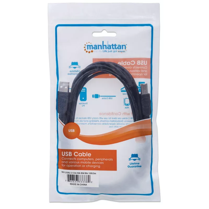 Cable Manhattan USB-A a USB-B, 3 m, conector macho a conector macho, 480 Mbit/s (USB 2.0), Hi-Speed USB, negro, garantía de por vida, corresponde a USB2HAB3M.