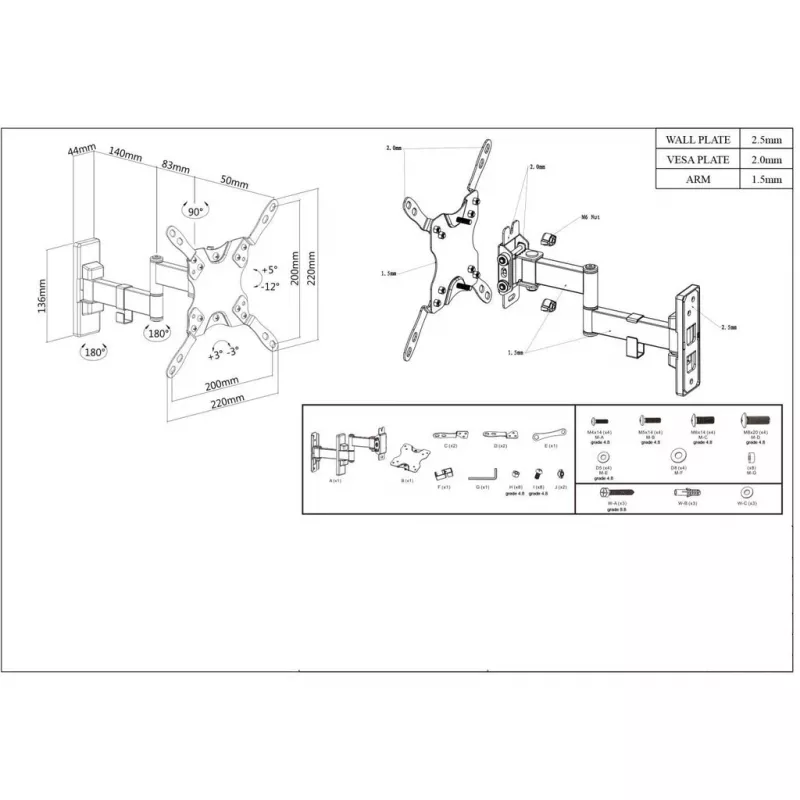 Soporte de pared Manhattan para televisores y monitores (Full-Motion), para pantallas de 13 inch a 42 inch, compatibilidad VESA: todas entre 75x75 mm y 200x200 mm – comprueba las dimensiones de los cuatro orificios de montaje en la parte posterior de la pantalla para asegurar la compatibilidad, máx. 20 kg, negro, soporte