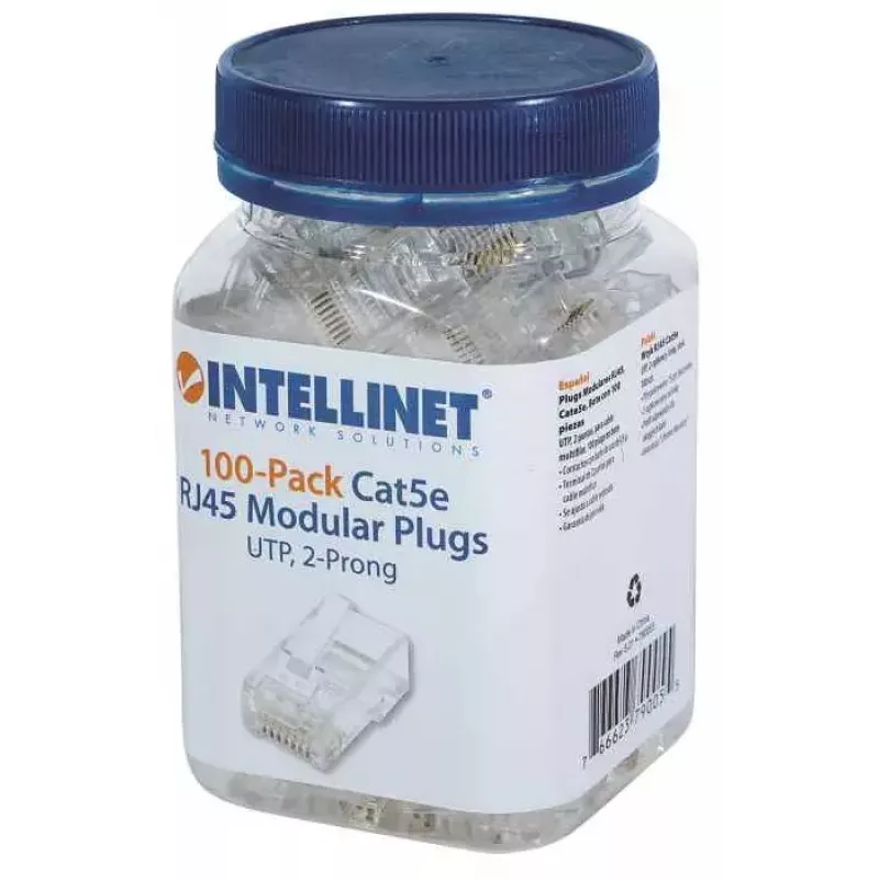 Conector modular RJ45 Intellinet, Cat5e, UTP, 2 polos, para cable flexible, contactos chapados en oro de 15 µ, pack de 100