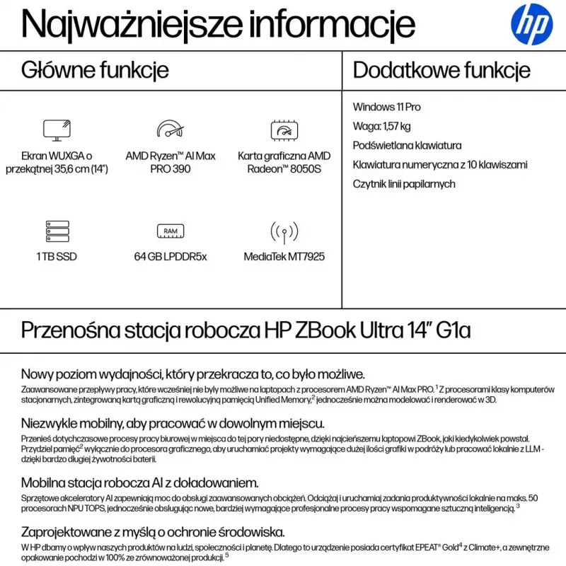 Estación de trabajo móvil HP ZBook Ultra 14 G1a — 14,0 inch WUXGA IPS 400 nits, AMD Ryzen AI Max PRO 390, 64GB LPDDR5x-8533, 1TB SSD, Radeon 8050S
