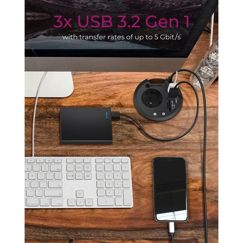 ICY BOX IB-HUB1430-CR hub multipuerto USB 3.2 Gen 1 empotrable en escritorio, negro