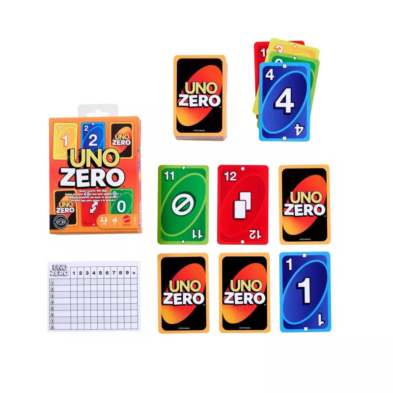 Juego de cartas MATTEL UNO Zero — Juego de descarte, edad 7+, incl. baraja y bloc de puntuación