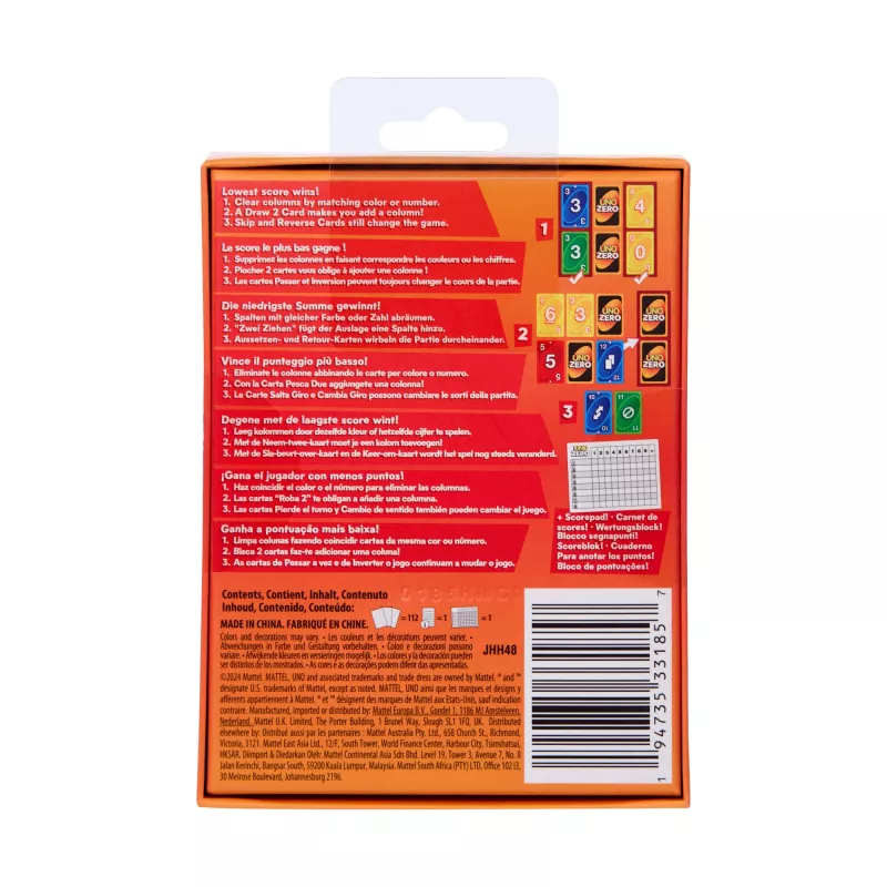 Juego de cartas MATTEL UNO Zero — Juego de descarte, edad 7+, incl. baraja y bloc de puntuación