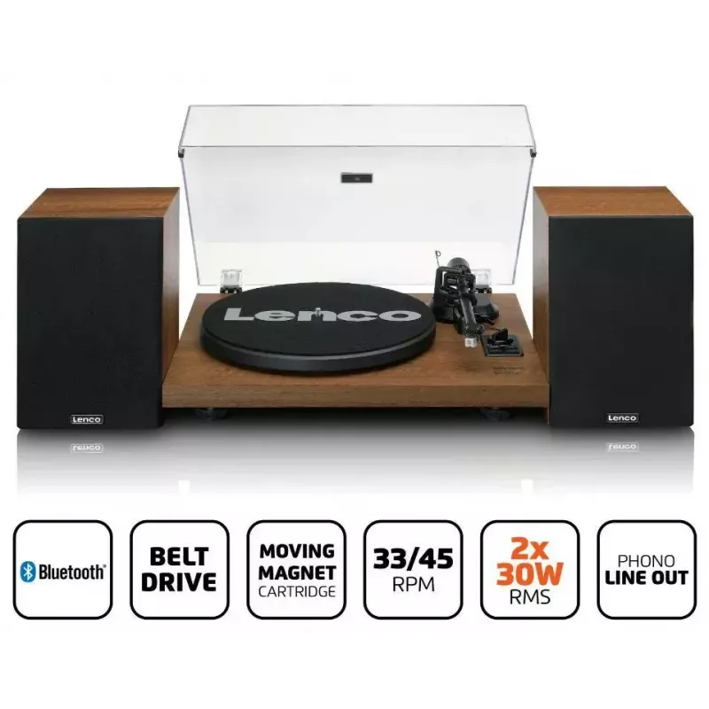 Tocadiscos Lenco LS-480WD con amplificador integrado, Bluetooth, transmisión por correa, 33/45 rpm, 2×30W RMS, cajas de madera