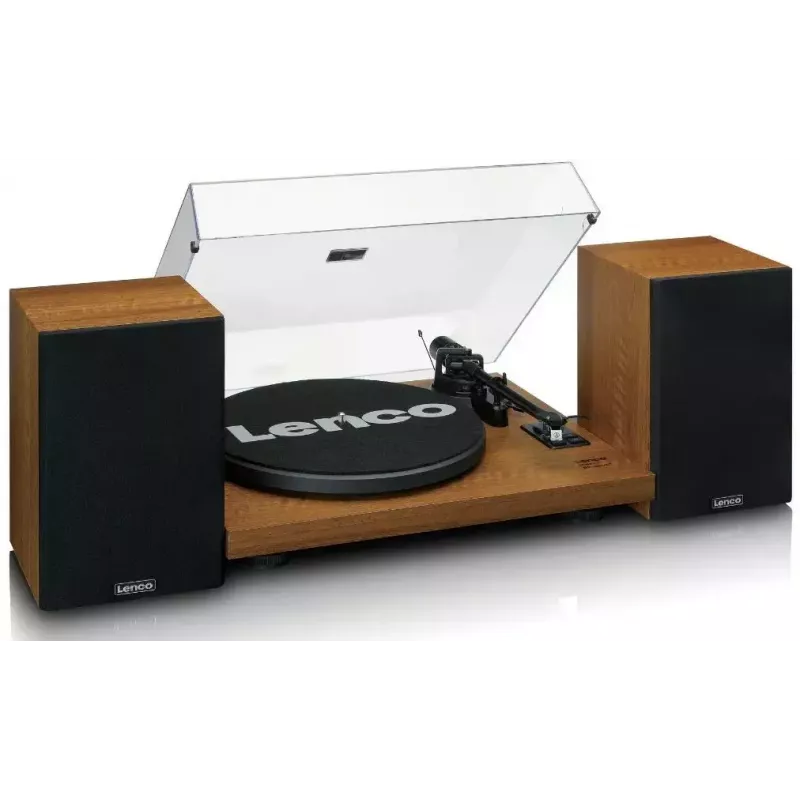 Tocadiscos Lenco LS-480WD con amplificador integrado, Bluetooth, transmisión por correa, 33/45 rpm, 2×30W RMS, cajas de madera