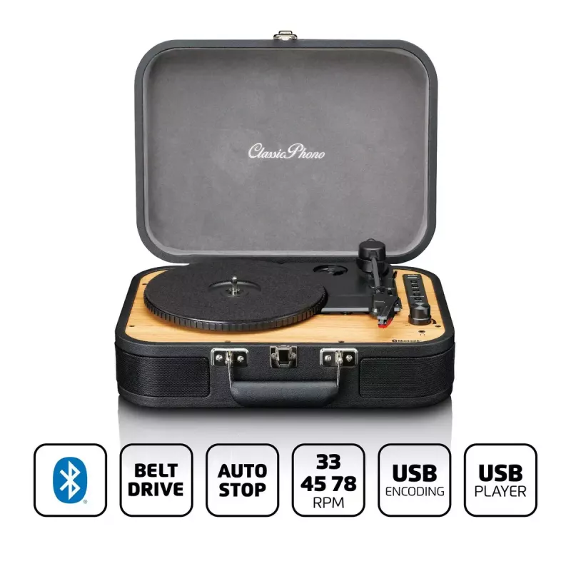 Maletín tocadiscos Lenco TT116BK con altavoces integrados – reproductor de vinilo portátil, negro