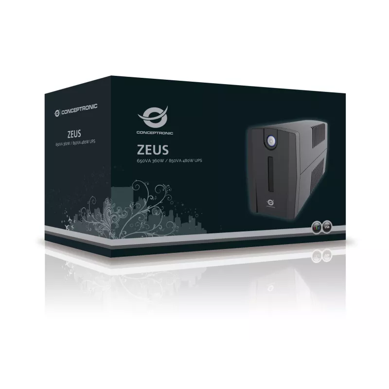 Conceptronic ZEUS01ES SAI, 650 VA (0,65 kVA), 360 W, 2x Schuko, HID USB, RJ45 entrada/salida, 220-240 V, negro
