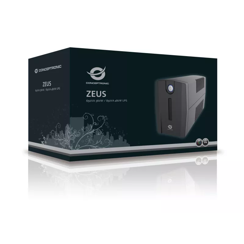 Conceptronic ZEUS02ES SAI de línea interactiva, 850 VA (0,85 kVA), 480 W, 2x Schuko, HID USB, RJ45 entrada/salida, 220-240 V, negro