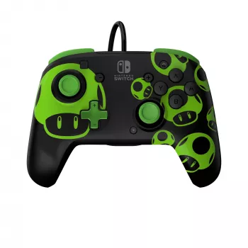 Gamepad PDP REMATCH Mando con cable 1-Up Glow in the Dark para Nintendo Switch, USB, cable de 3 m, D-pad, botón Home, Negro/Verde