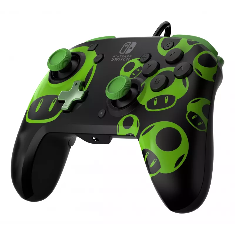 Gamepad PDP REMATCH Mando con cable 1-Up Glow in the Dark para Nintendo Switch, USB, cable de 3 m, D-pad, botón Home, Negro/Verde