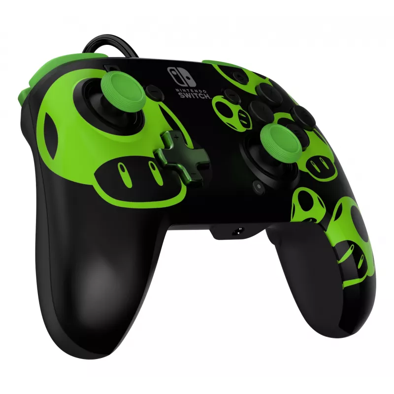 Gamepad PDP REMATCH Mando con cable 1-Up Glow in the Dark para Nintendo Switch, USB, cable de 3 m, D-pad, botón Home, Negro/Verde